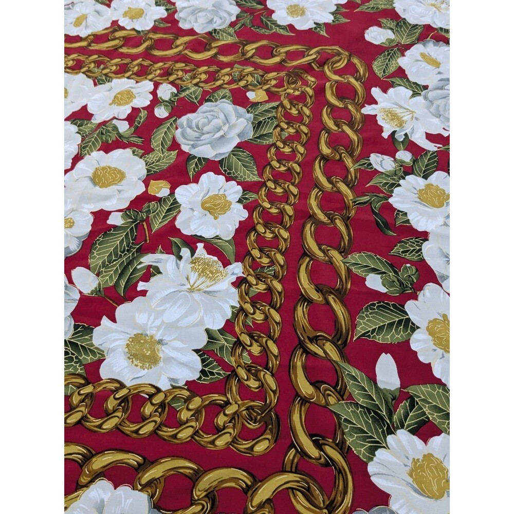 Vintage 90’s CHANEL Red 100% Silk Scarf White Floral Chain Print Logo 34" × 34” - Picture 5 of 9